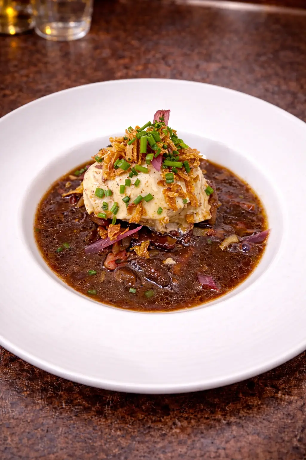 Oeuf meurette traditionnel sauce vin rouge et lardons - Spécialité Chez Bidule à Bourg-en-Bresse